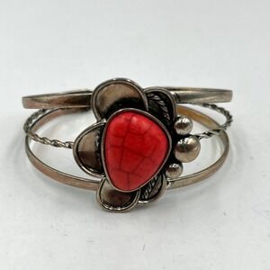 Vintage Western Style Bezel Faux Coral Tear Drop Flower Three Wire Cuff Bracelet